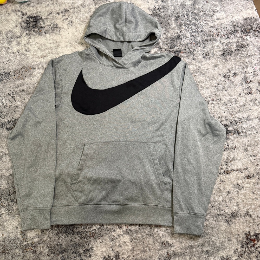 Nike Dri-FIT Mens Hoodie Grey Black Oversized Swoosh Graphic Pullover Medium